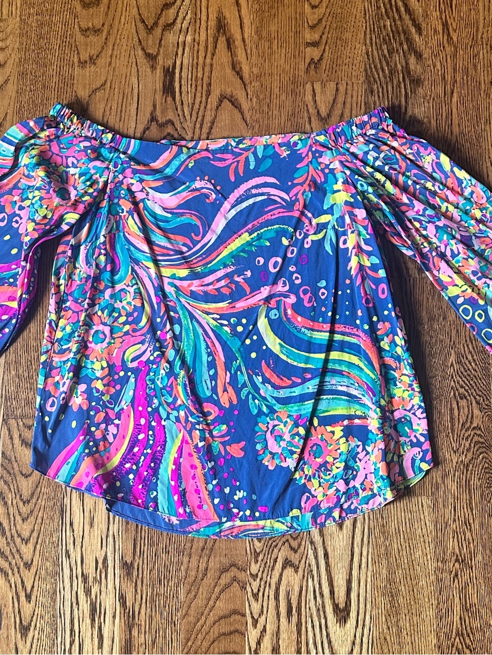 Lilly Pulitzer Off-Shoulder Tunic in Blue with Neon Swirl Print